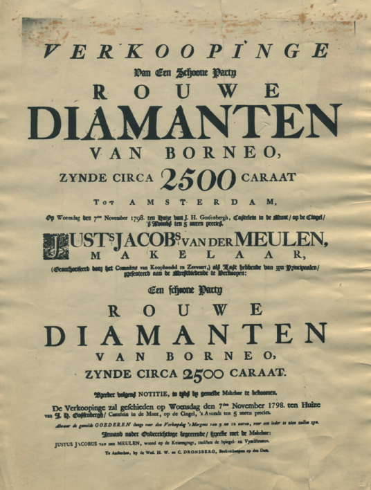 Appel d'offres pour des diamants bruts de Bornéo à Amsterdam en 1798