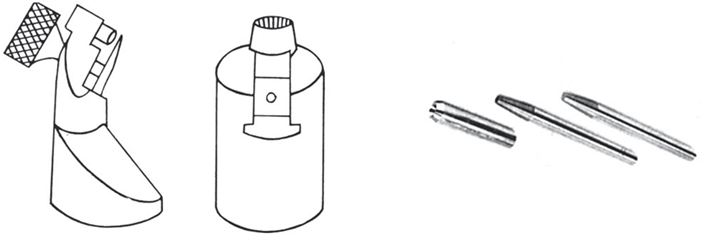 Pot mécanique : a. à droite pour bâton de débrutage, b. à gauche, pour taille marquise