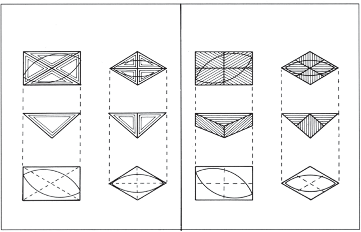 
A gauche un octaèdre à quatre pointes, à droite un dodécaèdre à quatre pointes scié avant la taille marquise
