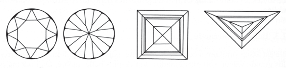 De gauche à droite : taille 16⁄16, couronne et culasse, taillé en carré, taillé en triangle.