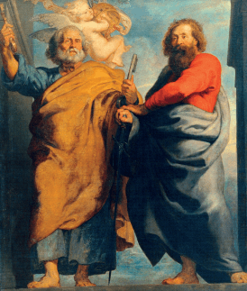 Saint Pierre et saint Paul, ces saints sont depuis la création de la Guilde les protecteurs des tailleurs de diamants. Gravure de R. Eynhoudts, d’après un tableau de Rubens