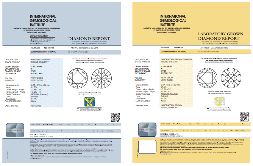 Un certificat pour un diamant naturel à gauche et un diamant synthétique à droite