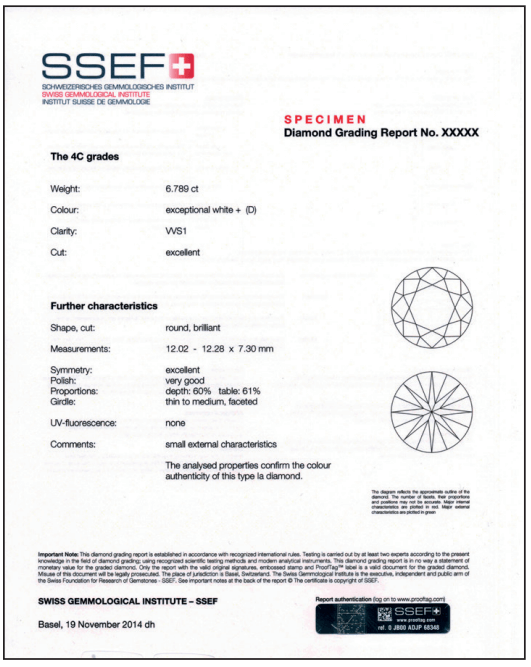 Un certificat du SSEF pour un diamant rond brillant